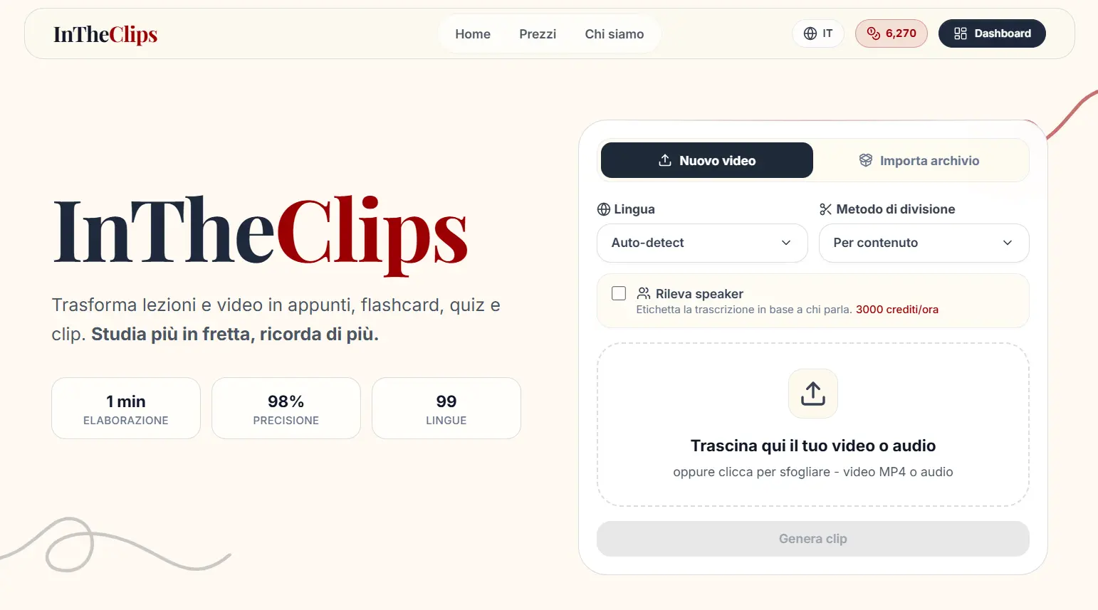InTheClips — Trascrizione video & clip con AI | case study ESTETA, sviluppo web e software a Modena